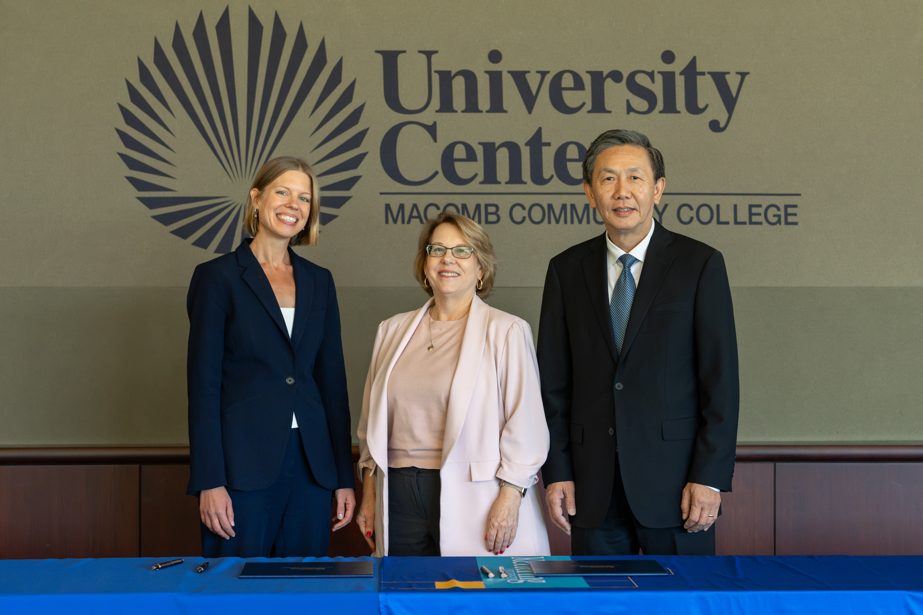 Macomb Community College President Lori Gonko, Macomb Community College Provost Leslie Kellogg and Kettering University Provost James Zhang came together at Macomb’s University Center on Sept. 28 for the signing of a partnership agreement between the colleges.